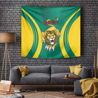 Cameroon football tapestry with green-and-yellow waves, lion face, and red "YOUR TEXT"