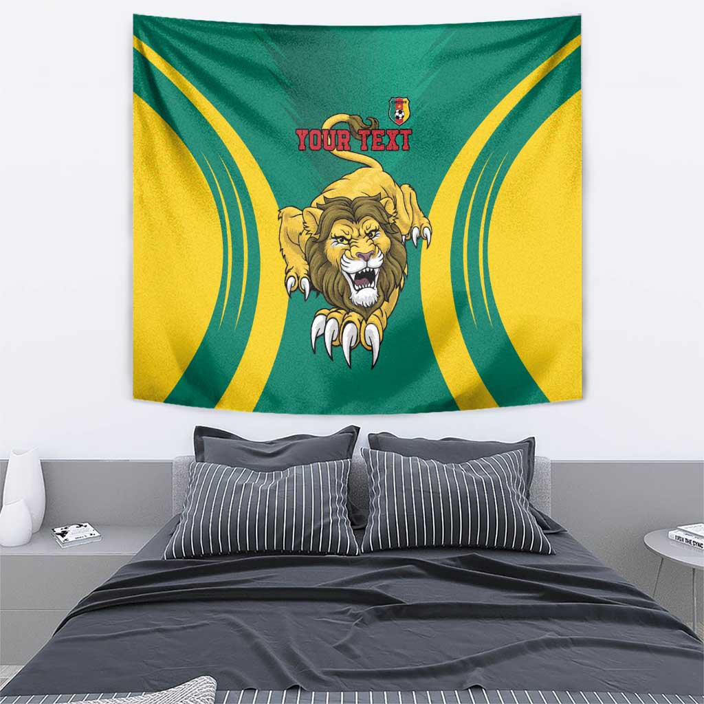 Cameroon football tapestry featuring a lion graphic with green background, yellow stripes, and "YOUR TEXT"