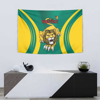 Cameroon football tapestry with lion head, yellow curved lines, green field, and red "YOUR TEXT"