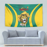 Cameroon football tapestry showing a lion face, green-and-yellow wave design, and "YOUR TEXT"