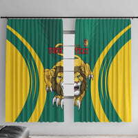 Custom football window curtain, green and yellow with lion graphic and customizable text