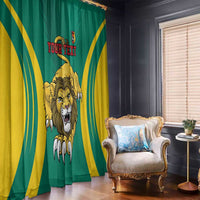 Green and yellow lion graphic custom football window curtain with red crest and text