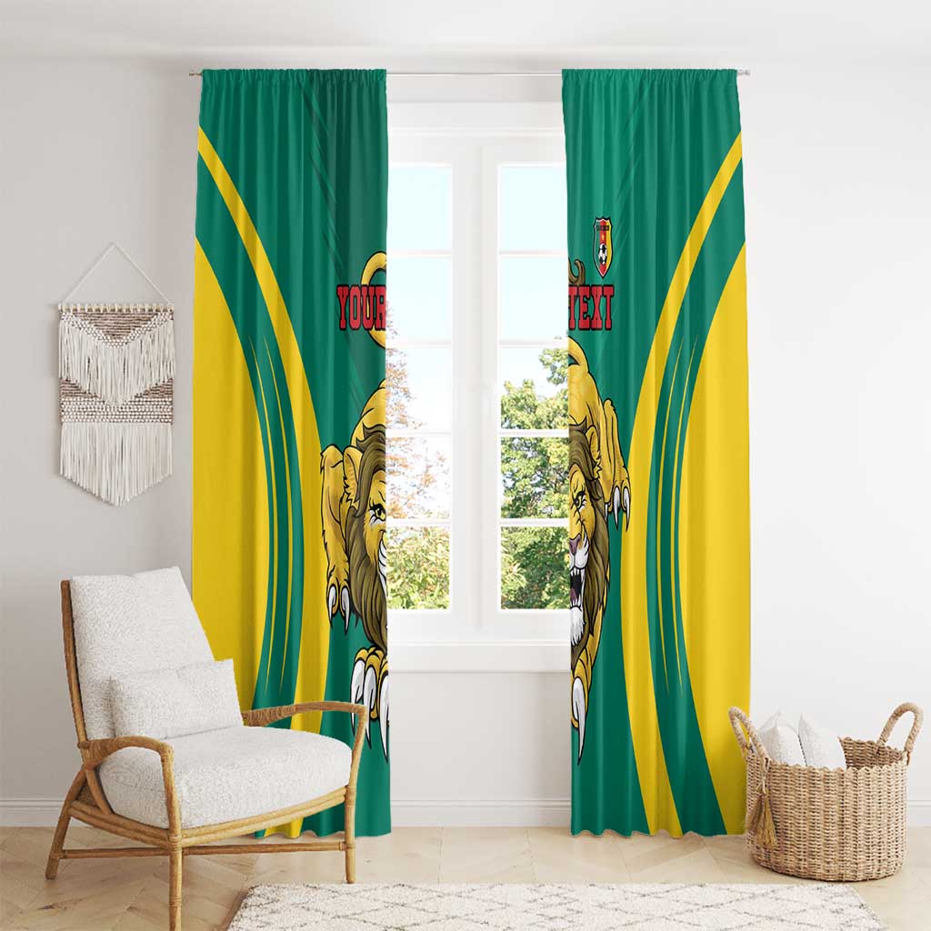 Custom football window curtains, green and yellow with lion crest and customizable text