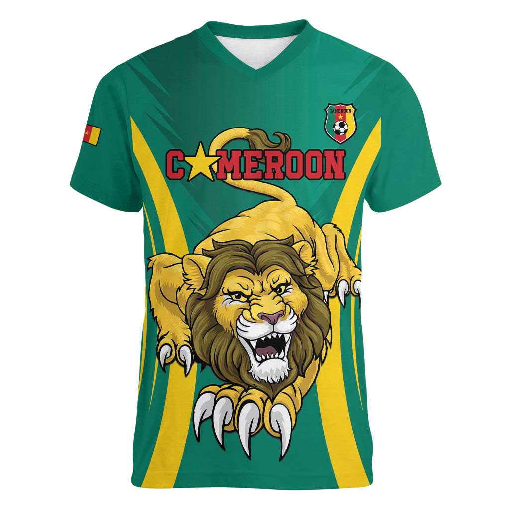 Custom Cameroon Football Women V-Neck T-Shirt Go Indomitable Lions - Wonder Print Shop