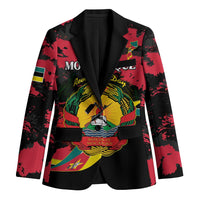 Black-red blazer with deep V lapels and bold emblem graphic centered on chest