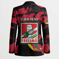 Red and black graphic blazer coat with back emblem and “YOUR TEXT”