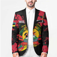 Men’s black blazer with red patterned sleeves and colorful central emblem print