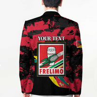 Back view of red-and-black graphic blazer with “YOUR TEXT” and FRELIMO emblem