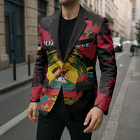 Front view graphic blazer with black base and red patterned panels over yellow emblem