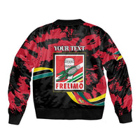 Unisex red-and-black bomber jacket with back emblem and YOUR TEXT panel