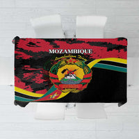Mozambique Revolution Day tablecloth with coat of arms graphic, black red green yellow.