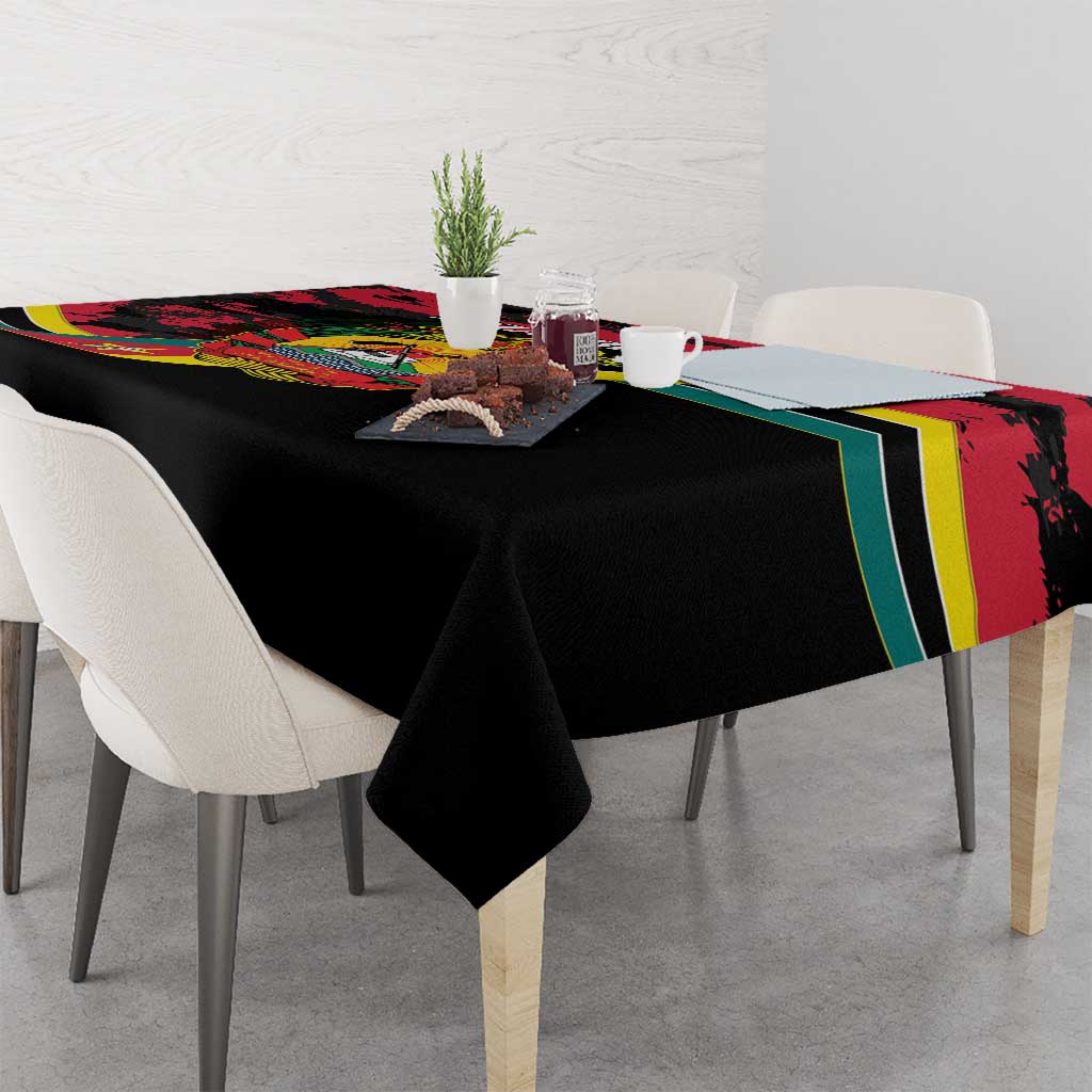 Mozambique Revolution Day tablecloth corner drape, black base with colorful emblem border.