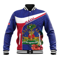 Blue baseball jacket with red/white stripe, Haiti crest, palm and tropical flowers