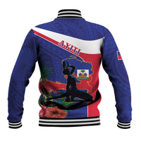 Back view blue baseball jacket with red/white stripe, Haiti map and dancer graphic