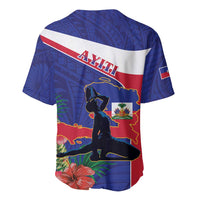 Blue baseball jersey back with AYITI banner and Haiti map silhouette graphic