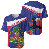 Blue baseball jersey front and back views with Haiti stripe and map emblem graphics