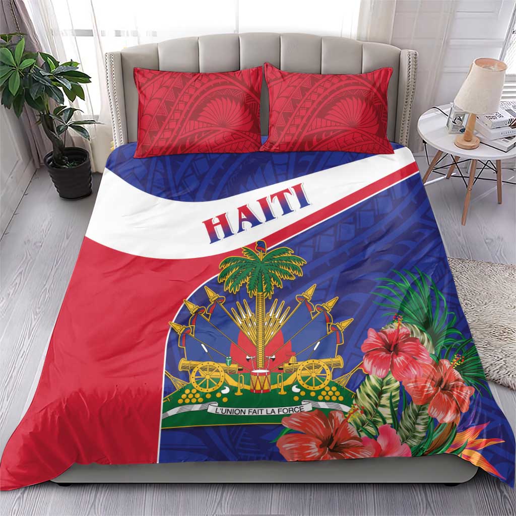 Haiti bedding set on bed with two red patterned pillowcases and red, white, blue tropical design