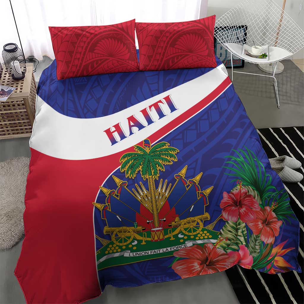 Haiti bedding set with two red patterned pillowcases and red, white, blue tropical emblem print