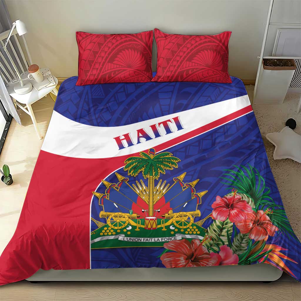 Haiti bedding set featuring red, white, and blue flag-style stripe and tropical floral graphic