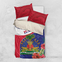 Haiti bedding set with red patterned pillowcases and red, white, blue tropical print duvet
