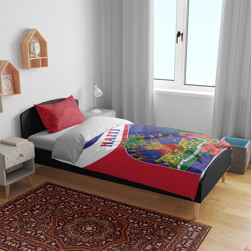 Haiti bedding set on dark bed frame with red patterned pillowcases and red, white, blue design
