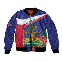 Unisex bomber jacket with blue-red Haiti graphic front and ribbed black collar cuffs
