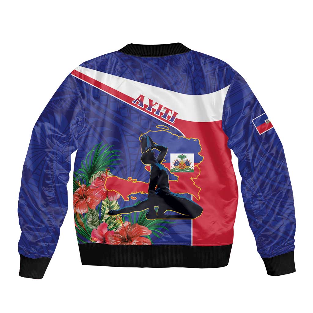 Unisex bomber jacket with blue-red Haiti map and floral print on back, ribbed black hem