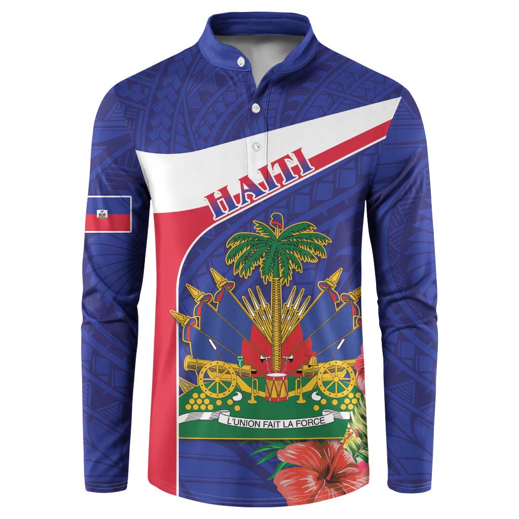 Blue button-front sweatshirt with Haiti graphic, palm tree and tropical flags