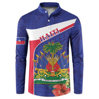 Blue button-front sweatshirt with Haiti graphic, palm tree and tropical flags