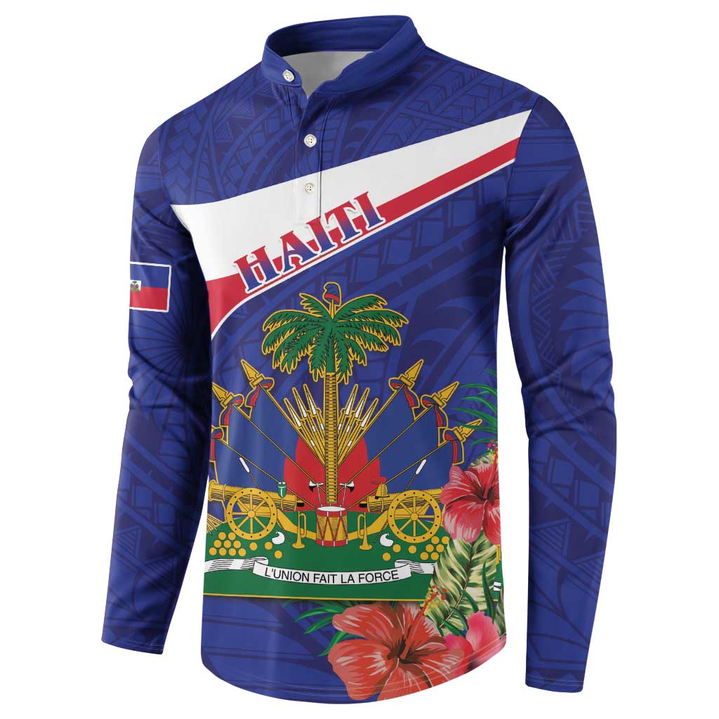 Blue button-front sweatshirt with “HAITI” text and tropical coat-of-arms panel