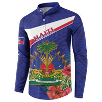 Blue button-front sweatshirt with “HAITI” text and tropical coat-of-arms panel