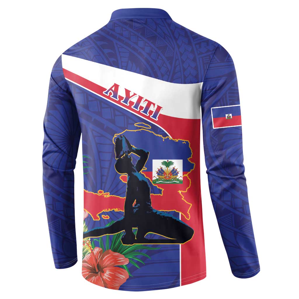Blue button-front sweatshirt back with Haiti map, coat-of-arms and hibiscus flowers