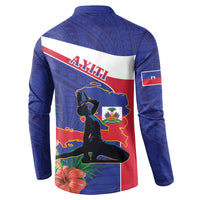 Blue button-front sweatshirt back with Haiti map, coat-of-arms and hibiscus flowers