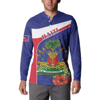 Blue button-front sweatshirt with Haiti banner and tropical drum illustration