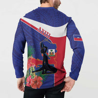 Blue button-front sweatshirt back with Haiti map silhouette and hibiscus print