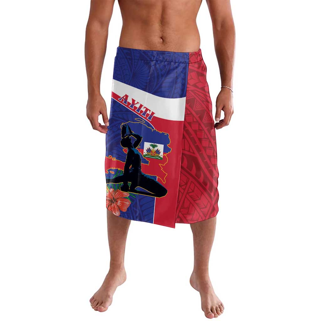 Haiti graphic swim shorts, red/blue/white panels with hibiscus print