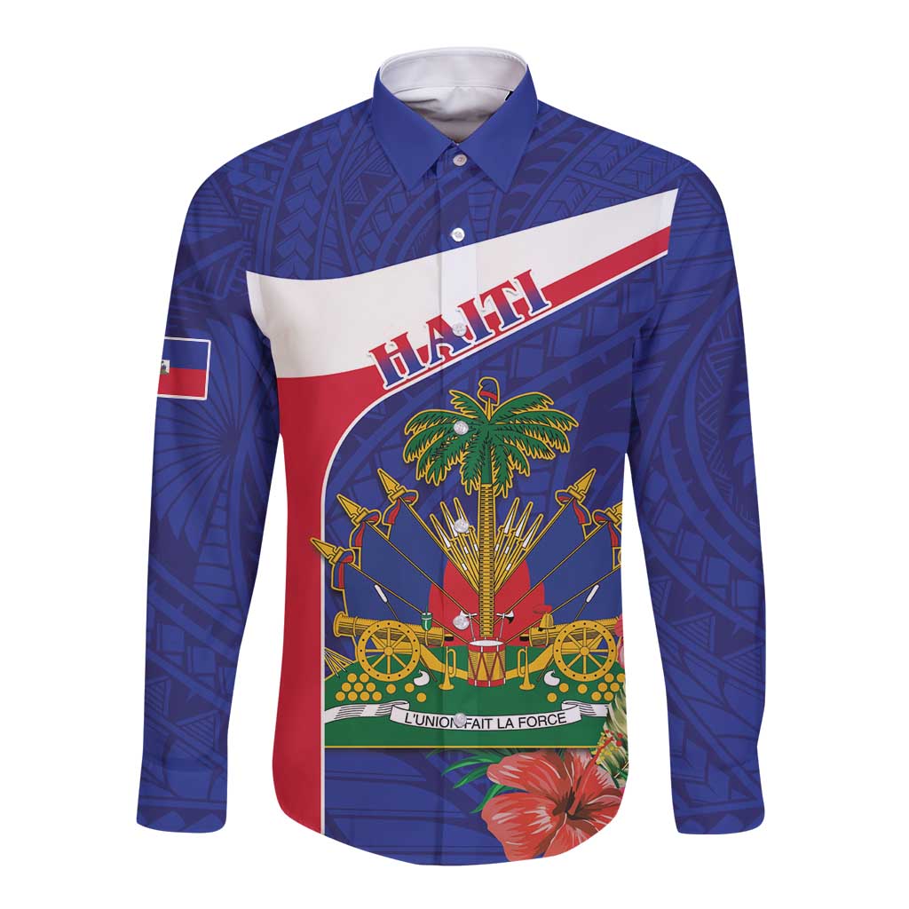 Blue long-sleeve button shirt with Haiti flag front print and hibiscus flowers
