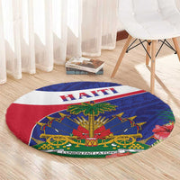 Round carpet with "HAITI" title and emblematic symbols, blue red and white border colors.