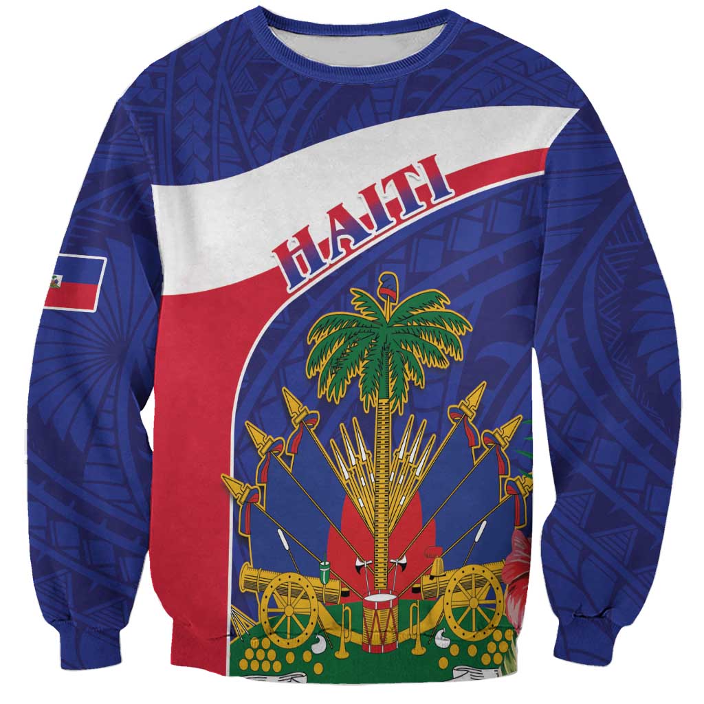 Unisex blue crewneck sweatshirt with Haiti graphic and colorful map illustration