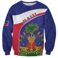Unisex blue crewneck sweatshirt with Haiti graphic and colorful map illustration