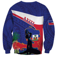 Unisex blue crewneck sweatshirt with AYITI text, island map, and silhouette print