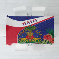Blue and red Haiti themed tablecloth with map and hibiscus floral print