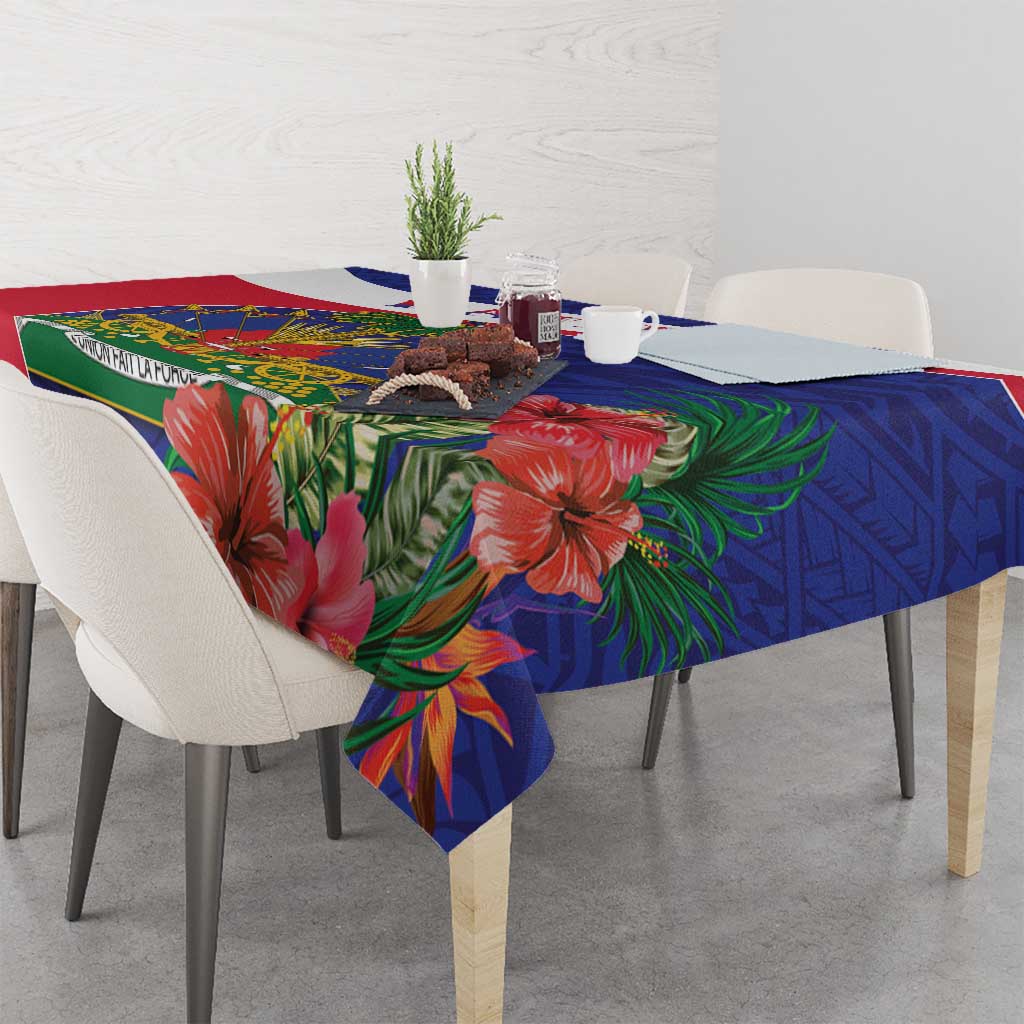Blue rectangular tablecloth with red band, Haiti map stripe, and large hibiscus flowers
