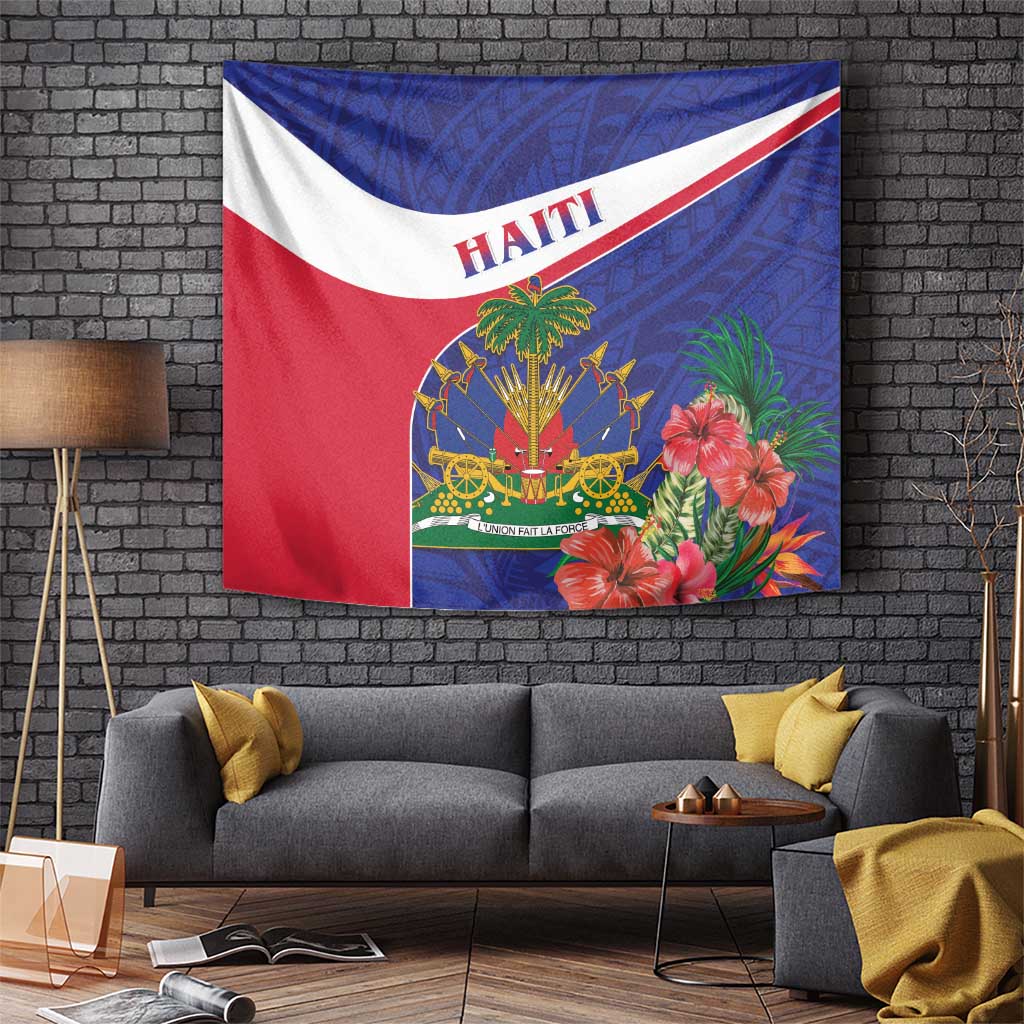 Haiti flag wall tapestry with crest and tropical hibiscus flower cluster