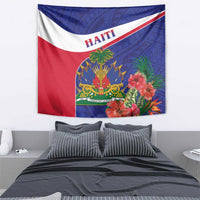 Haiti flag wall tapestry with HAITI title and tropical hibiscus flowers