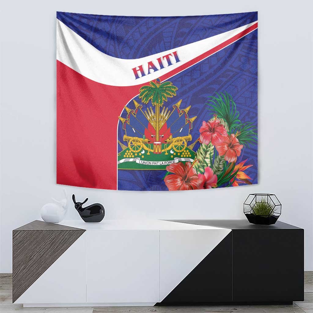 Haiti flag tapestry with crest and tropical hibiscus flowers, blue and red panels