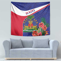 Haiti flag tapestry with HAITI lettering and tropical hibiscus flower accents