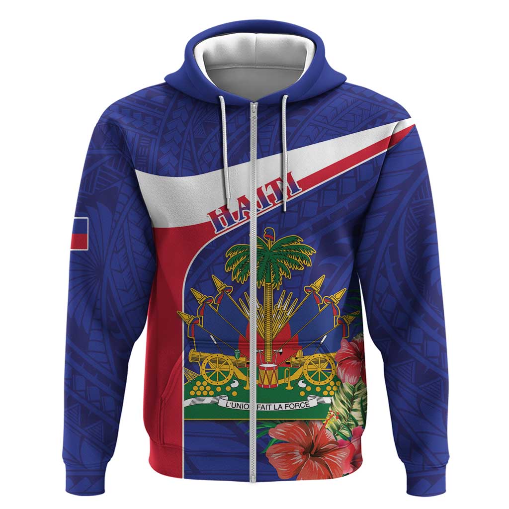 Haiti Zip Hoodie Neg Marron Ayiti Map - Hibiscus Polynesian - Wonder Print Shop