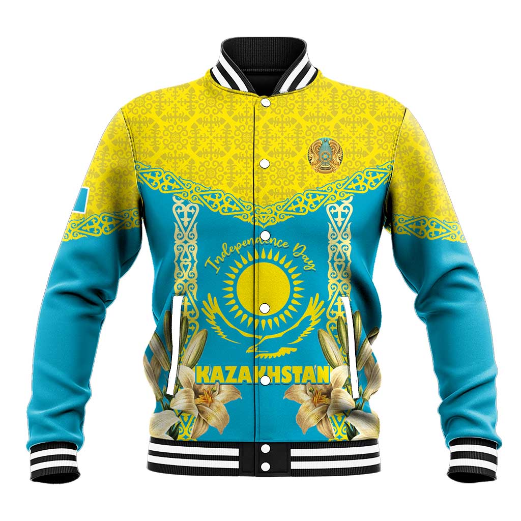 Two-tone baseball jacket with yellow-and-turquoise Kazakhstan graphic and ribbed trim