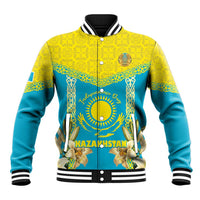 Two-tone baseball jacket with yellow-and-turquoise Kazakhstan graphic and ribbed trim